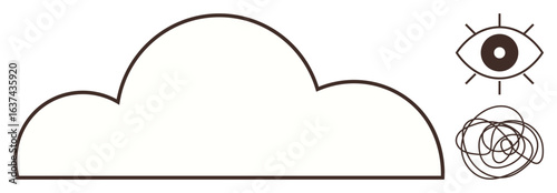 Cloud shape, eye symbol, and swirling chaotic lines convey vision, creativity, brainstorming, and abstract thinking. Ideal for innovation, imagination, insight problem-solving future focus