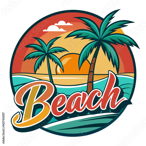 Vector art of retrostyle tropical beach emblem with the word beach in bold lettering, featuring palm trees, ocean waves, and a colorful sunset, enclosed in a circular design