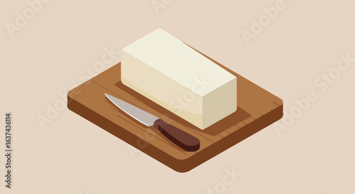 Butter block on board, ready for slicing, studio shot. Isolated object food mockup