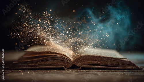 Open ancient book, golden sparks and smoky haze