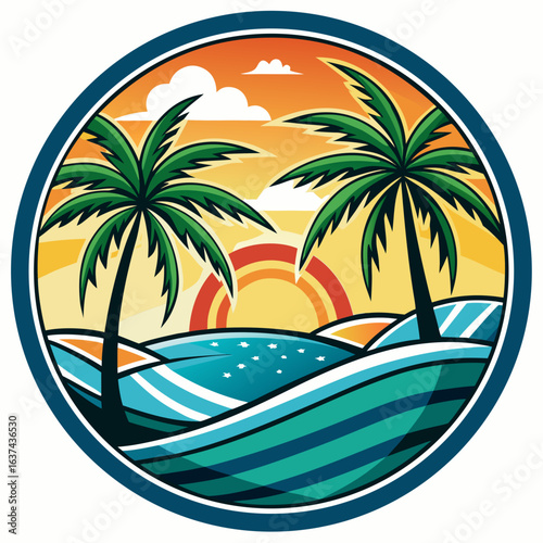 Vector art of vibrant illustration of two palm trees on a tropical beach at sunset, with colorful waves and a bright sky, perfect for summer vacation themes