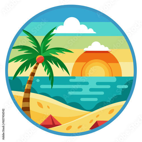 Vector art of stylized illustration of a single palm tree on a sandy beach during a colorful sunset over the ocean, evoking a tropical paradise vacation