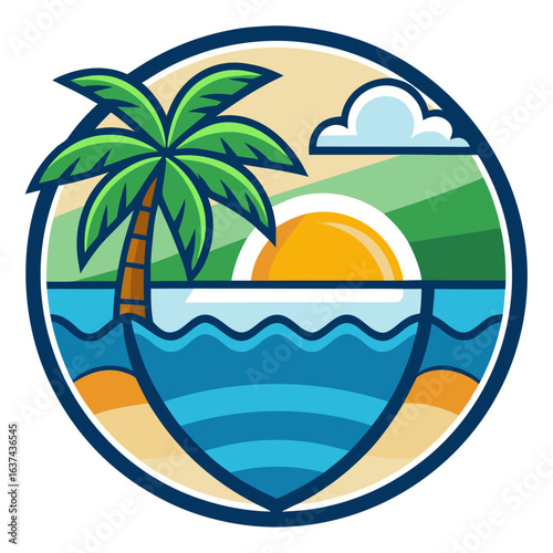 Vector art of stylized tropical beach scene with a palm tree, ocean waves, and a vibrant sun rising or setting over the horizon, evoking a sense of vacation and paradise