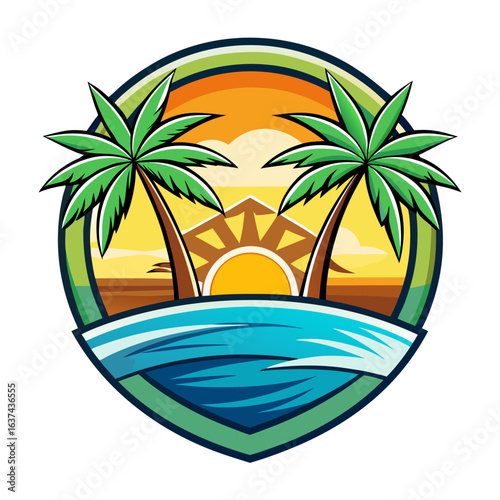 Vector art of idyllic tropical beach vista featuring palm trees, ocean waves, and a house nestled under a radiant sun, representing a dream vacation destination