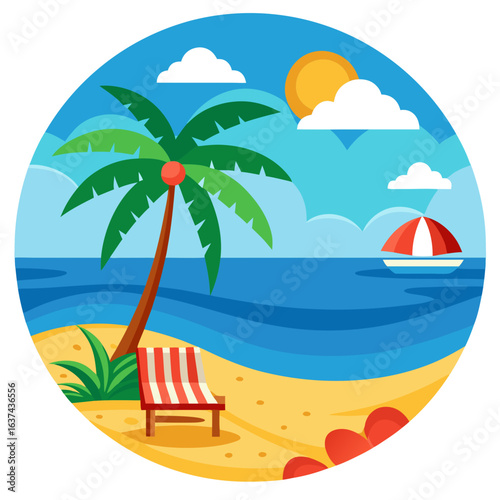 Vector art of a relaxing beach scene with a palm tree, lounge chair, and a sailboat on the ocean under a bright sunny sky, perfect for summer holiday promotion