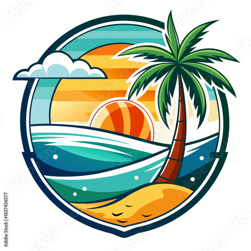 Vector art of vibrant circular emblem featuring a tropical beach scene with a palm tree, ocean waves, and a colorful sunset, evoking a sense of summer vacation and paradise