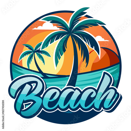 Vector art of stylized circular logo with the word beach prominently displayed, showcasing a tropical beach scene with palm trees and a vibrant sunset over the ocean