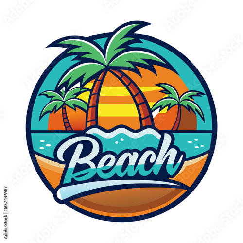 Vector art of circular graphic design featuring the word beach and multiple palm trees against a backdrop of ocean waves and a colorful sunset, perfect for summer branding