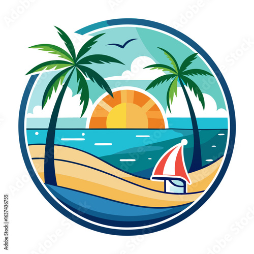 Vector art of idyllic tropical beach scene at sunset with two palm trees, gentle waves, and a beach umbrella, perfect for a dream vacation