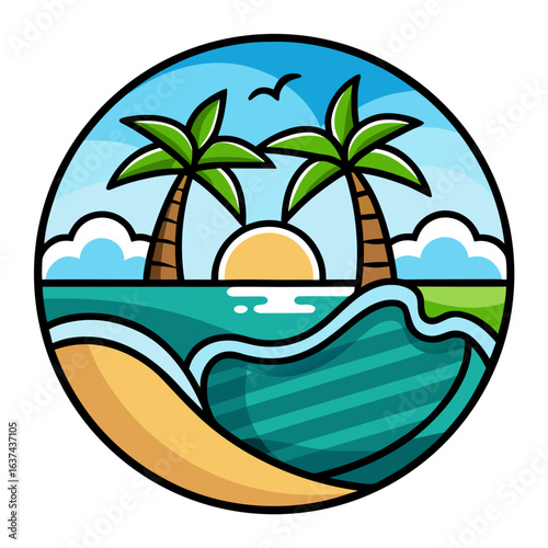 Vector art of charming circular illustration of a tropical beach with two palm trees framing a beautiful sunset over the calm sea