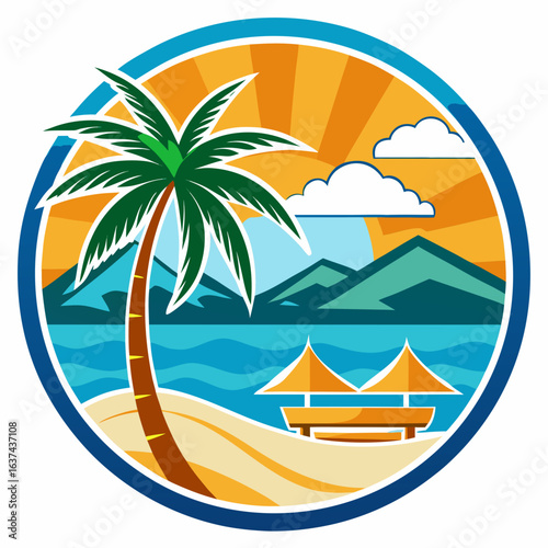 Vector art of a serene tropical beach with a lone palm tree, gentle waves, and a scenic mountain backdrop under a vibrant sunset sky