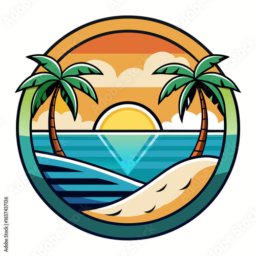 Vector art of retro style circular emblem featuring a tropical beach scene at sunset with two palm trees and calm ocean waters, evoking a sense of paradise and vacation