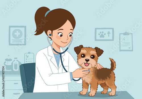 Vet Checks Puppy. Office art in the background. For pet healthcare, vet advice