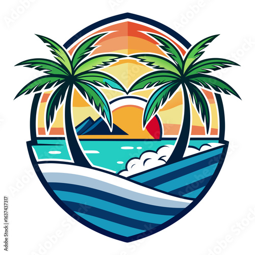 Vector art of idyllic tropical beach with two palm trees framing a stunning sunset over the ocean, with gentle waves and a sense of peaceful escape and summer bliss