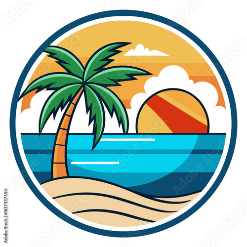 Vector art of a vibrant illustration of a tropical beach scene at sunset, featuring a lone palm tree on the sand with the ocean and a colorful sky