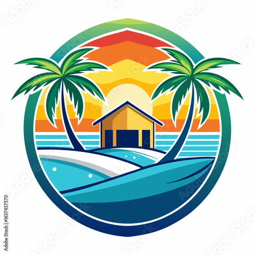 Vector art of a picturesque illustration of a tropical beach with two palm trees framing a small house, overlooking the ocean at sunset