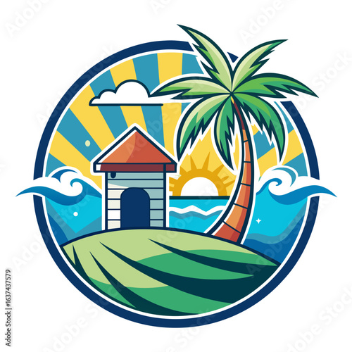 Vector art of a charming illustration of a small hut on a tropical island with a palm tree, ocean waves, and a radiant sunset