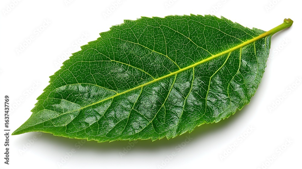 Obraz premium Green Leaf with Visible Veins on White Background