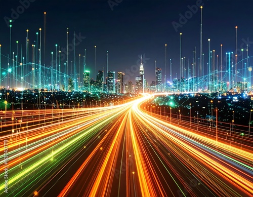 Night cityscape with vibrant light trails converging on a highway