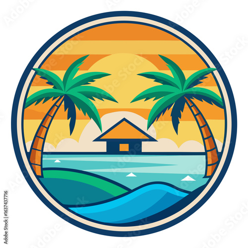 Vector art of tropical beach scene with palm trees and a hut at sunset, evoking a sense of paradise and vacation