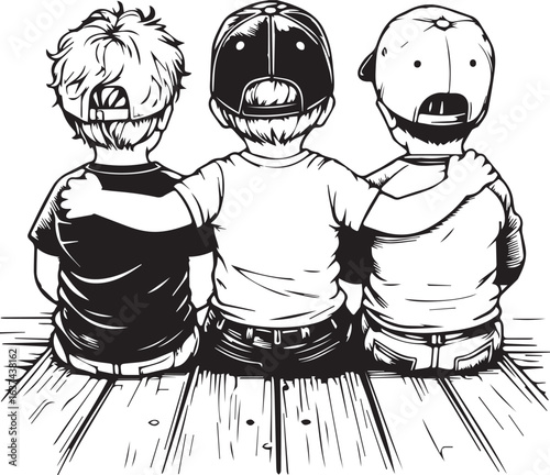 Black and white illustration of three children sitting with arms around each other, wearing baseball caps and facing away