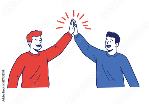 Two people giving a high five on a white background. Vector graphics