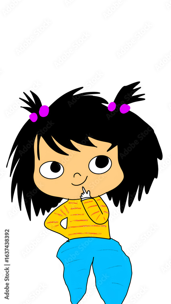 Cute Cartoon Girl Thinking Doodle Art Digital Illustration on White Background PNG