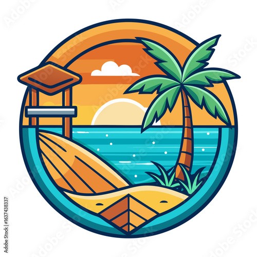 Vector art of idyllic tropical beach scene at sunset with a palm tree, surfboard, and lifeguard tower, evoking summer vacation and coastal relaxation