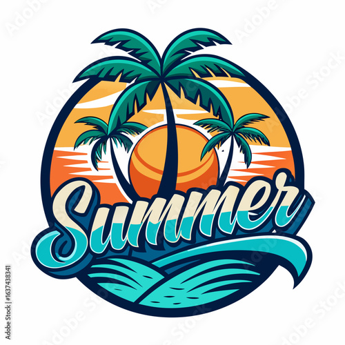 Vector art of stylized summer beach emblem featuring silhouetted palm trees against a vibrant sunset sky and ocean waves, symbolizing a tropical getaway and seaside enjoyment