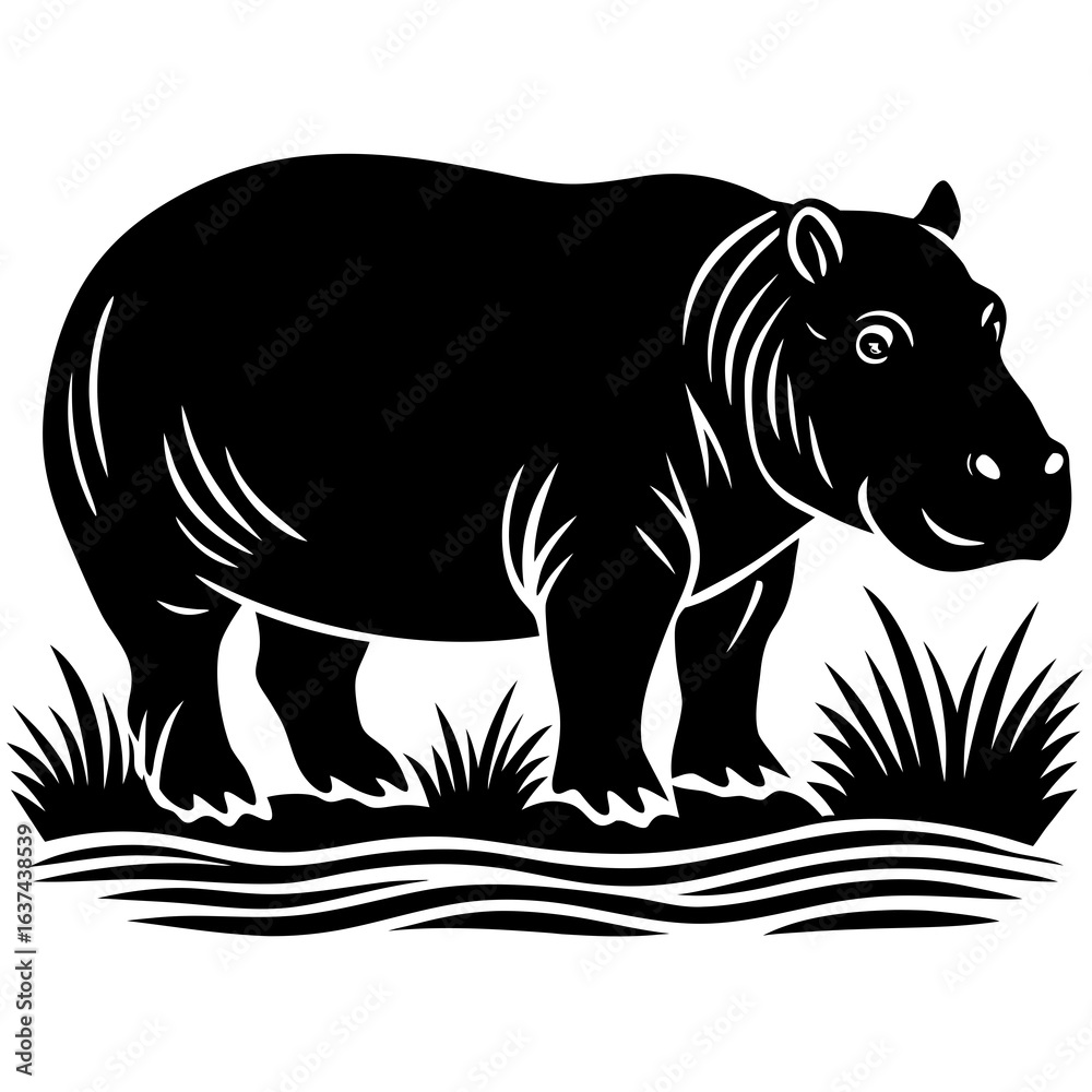Obraz premium Stylized black silhouette of a hippopotamus standing in grass and water