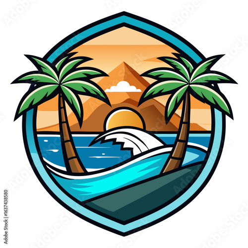 Vector art of tropical beach emblem featuring palm trees, ocean waves, and mountains at sunset, symbolizing a summer vacation destination