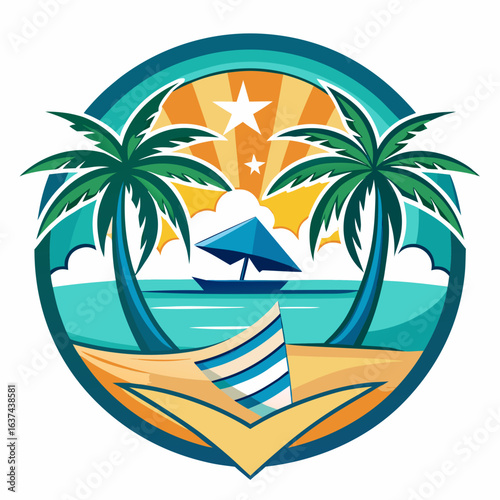 Vector art of tropical beach scene with palm trees, ocean waves, and a sunset, evoking a sense of summer vacation and paradise