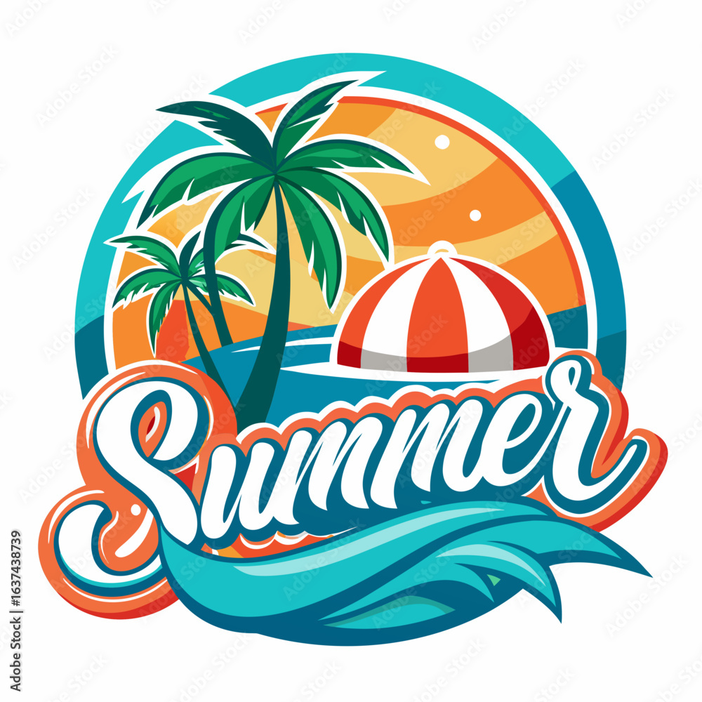 Naklejka premium Vector art of summer beach emblem featuring palm trees, ocean waves, and a striped umbrella under a colorful sunset, ideal for holiday promotion