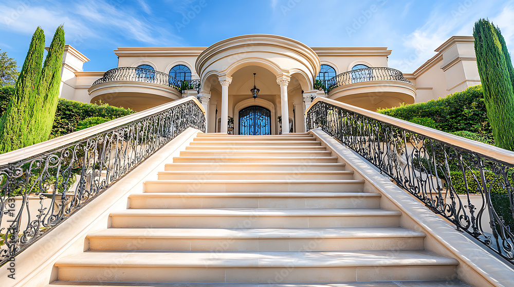 Obraz premium Grand entrance of an elegant residence with lush surroundings, conveying timeless luxury and serene beauty.