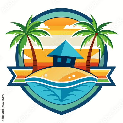 Vector art of tropical island paradise with palm trees and a vibrant sunset over the ocean, perfect for vacation and travel themes