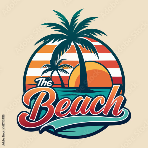 Vector art of the beach summer logo design with palm trees and a vibrant sunset over the water, representing a tropical destination and seaside fun