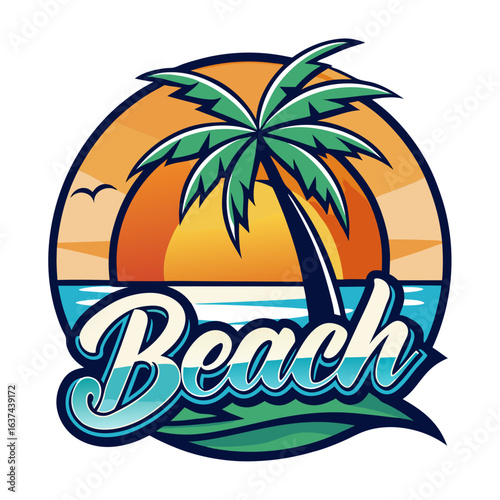 Vector art of retro beach logo with a palm tree silhouette against a vibrant sunset over the ocean, evoking a tropical summer vacation vibe