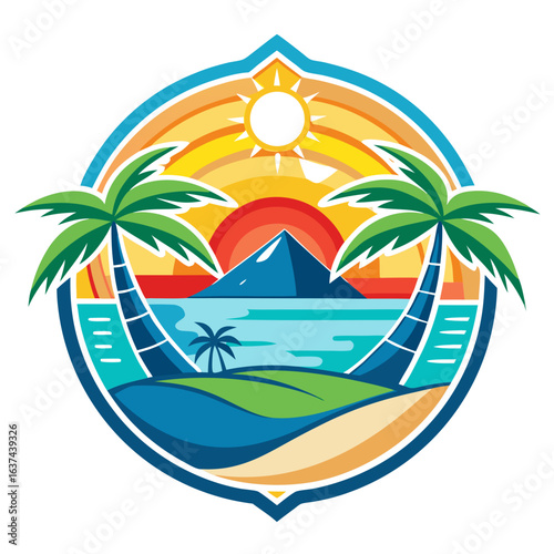 Vector art of idyllic tropical island vista with lush green hills, two palm trees framing a mountain and sun, and a serene ocean, capturing the essence of a dream vacation destination
