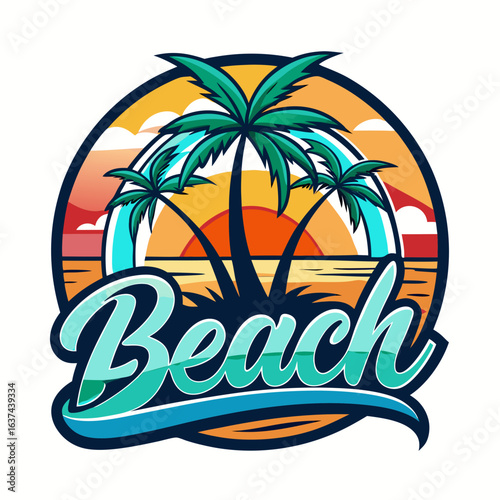 Vector art of stylized beach emblem with palm trees, a vibrant sunset over the ocean, and the word beach in a flowing script, evoking tropical holidays