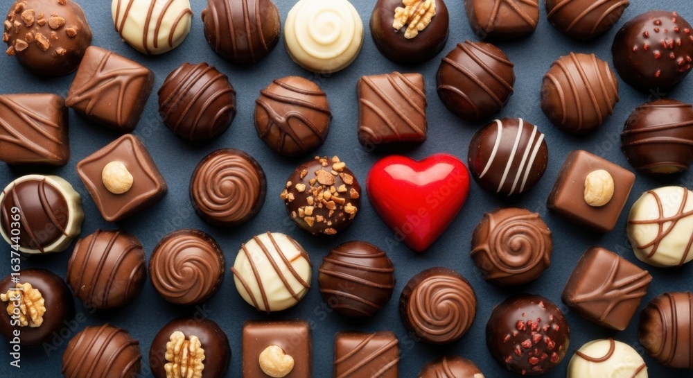 Assorted Chocolate Truffles with Red Heart on Dark Background, Sweet Indulgence Assorted Chocolate Truffles with Red Heart on Dark Background, Sweet Indulgence