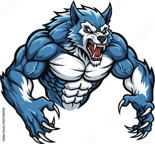 Cartoon illustration of a muscular, blue werewolf with sharp claws and teeth, growling aggressively with a white background.