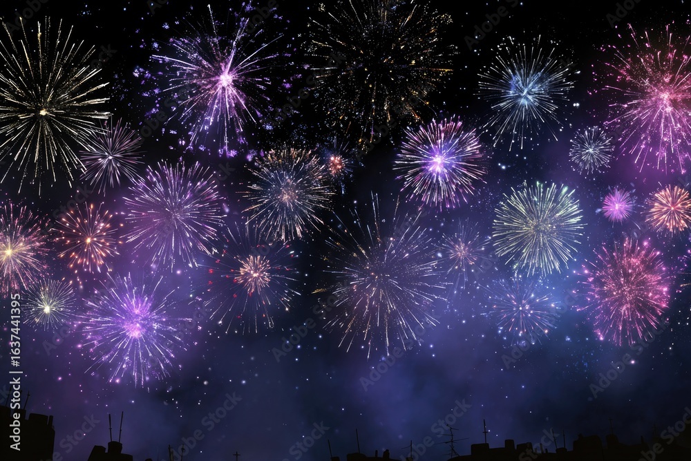 Naklejka premium Fireworks burst in a vibrant display against a dark night sky