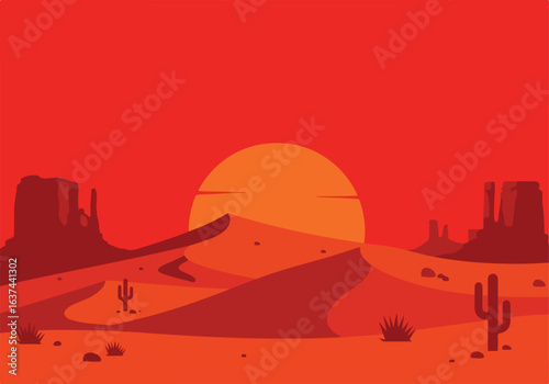 Desert Landscape Sunset over dunes & buttes, cactus plants. Graphic design wallpaper