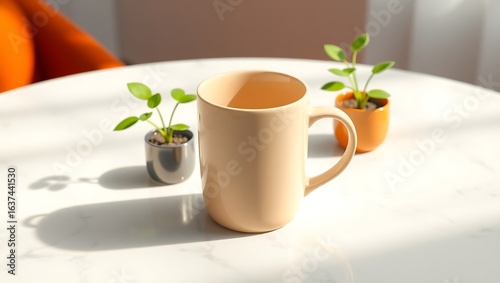 Beige Coffee Mug on Marble Table with Small Plant