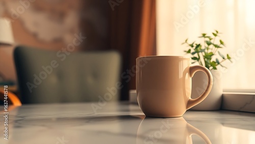 Beige Coffee Mug on Marble Table with Small Plant