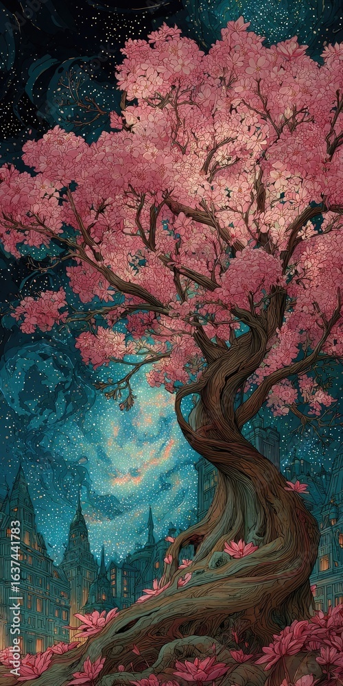 Naklejka premium Pink blossom tree in a mystical, night-time, town setting