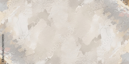 A textured abstract painting with soft layers of beige, gray, and pink hues, resembling cracked earth or weathered stone.