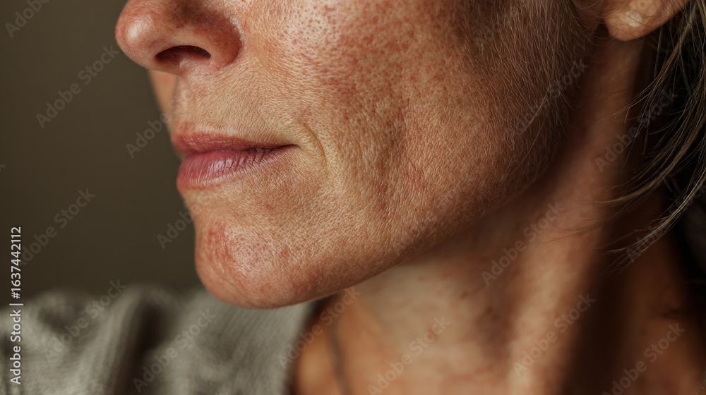 Obraz premium Close-up image of a woman inflamed skin with texture details showing irritation and sensitivity