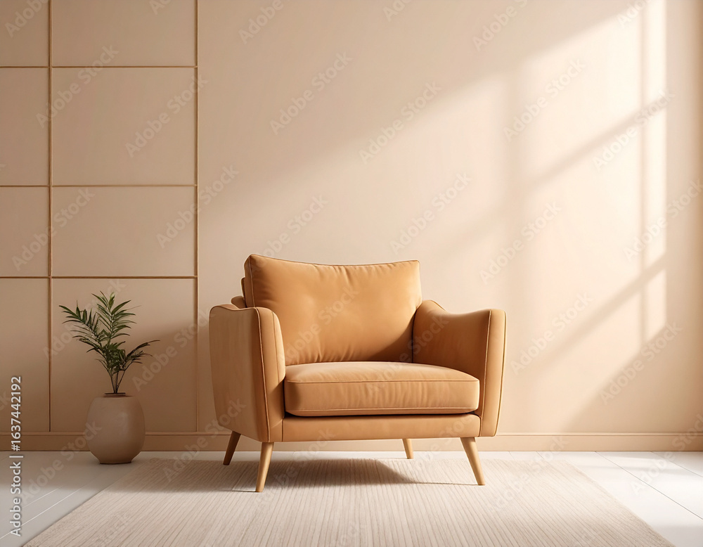 A stylish and inviting interior scene featuring a plush peach-colored armchair with wooden legs, placed on a light beige rug in a minimalist room with soft peach walls and subtle paneling