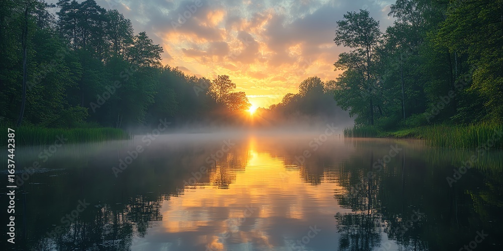 Naklejka premium Serene Lake at Sunrise With Forest and Fog